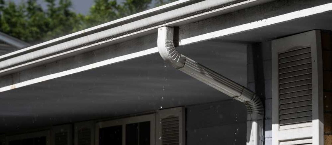 Dark,Stormy,Day,,Rain,Water,Overflowing,Roof,Gutter,And,Clogged